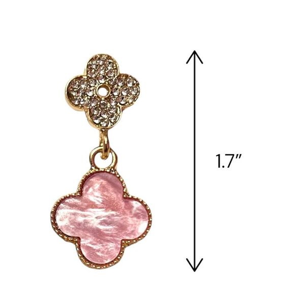 Designer Inspired Elegant Pink Clover Crystal Gold Tone Dangle Earrings - Picture 4 of 4